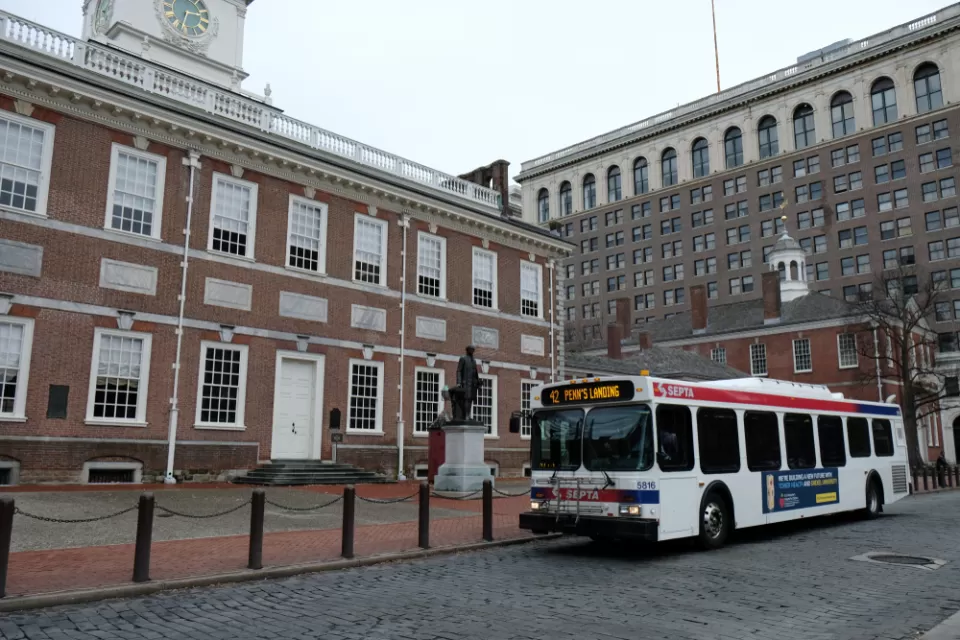 SEPTA bus stopped in front of Independence Hall, Phialdelphia, Pennsylvania